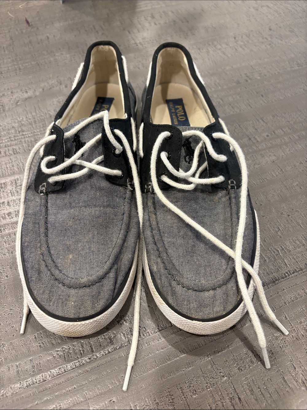Polo by Ralph Lauren Denim like canvas and Navy Trim Boat Shoes with White Laces